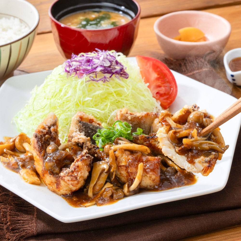茸のたまり醤油バターソース メヌケの竜田揚げ
