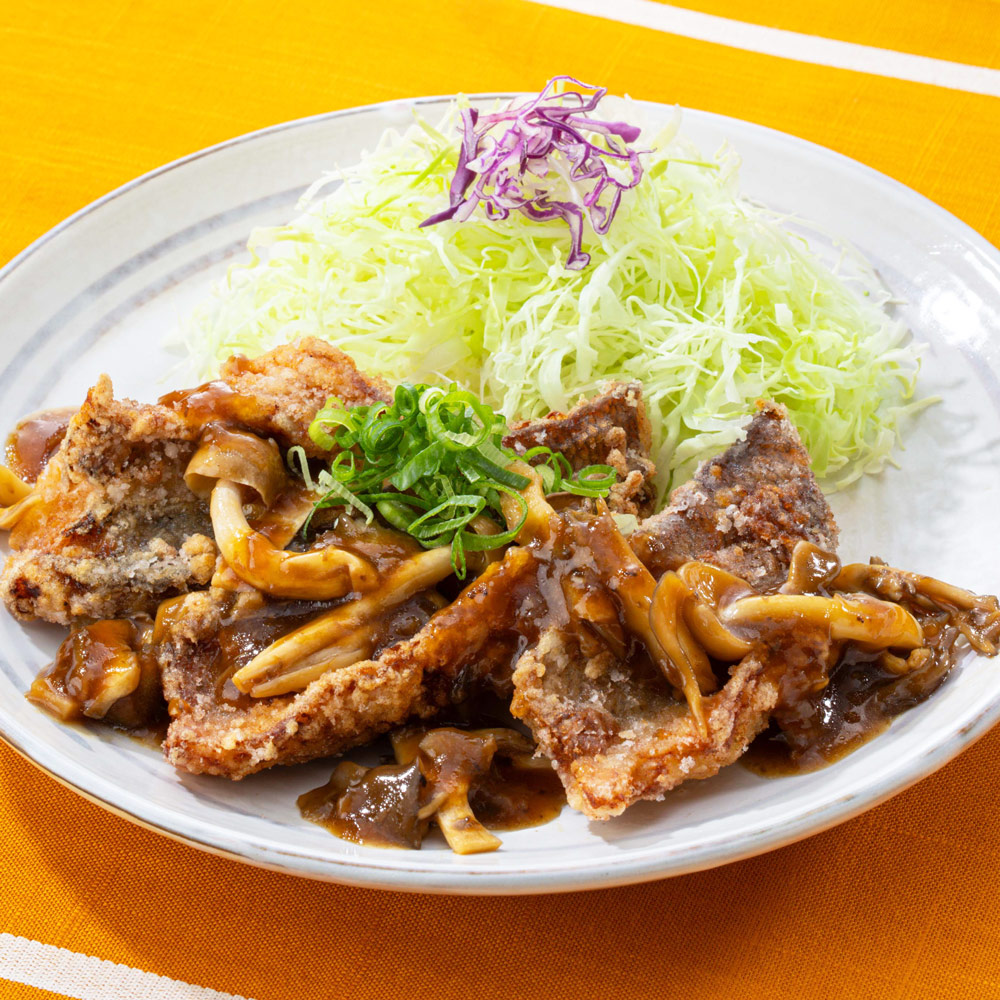 茸のたまり醤油バターソース メヌケの竜田揚げ
