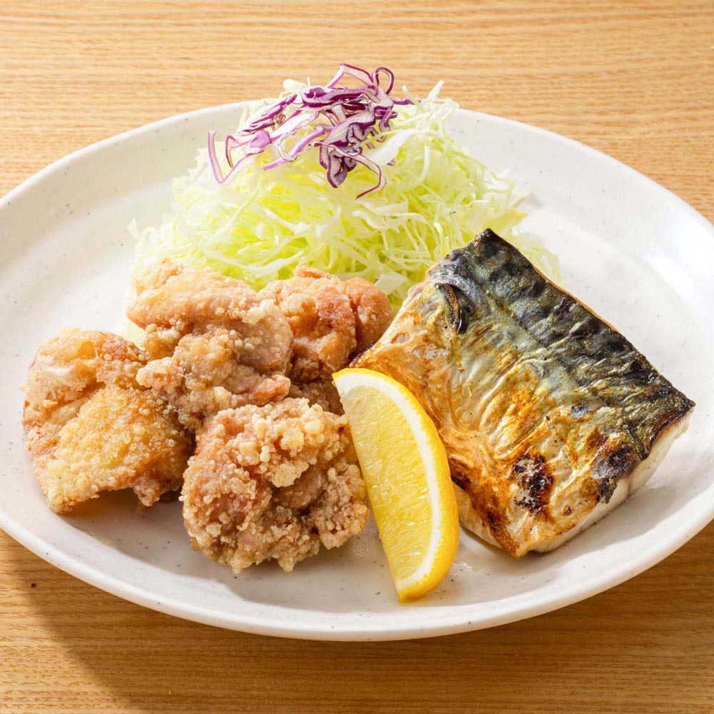さばの直火焼きと鶏竜田揚げ